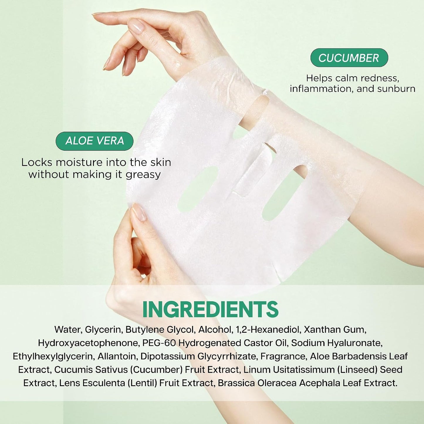 Cucumber & Aloe Face Mask – Dermatologist Tested, anti Aging, Korean Skin Care – Hydrating, Moisturizing, Cooling & Calming for Sensitive, Supple Skin – Vegan, Clean Beauty – 5 Count