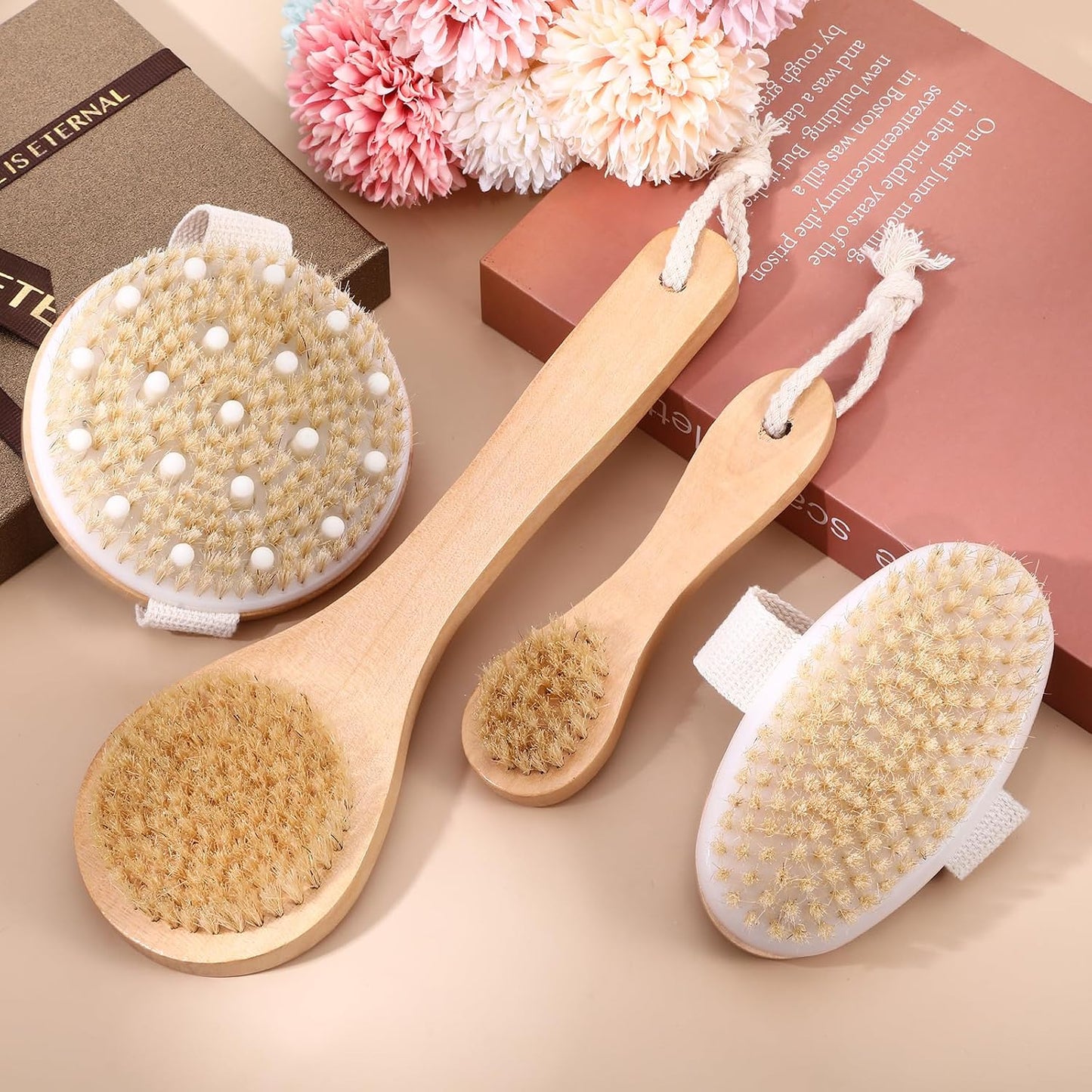 4 Pcs Dry Brushing Body Brush, Pore Cleaning Brush Set Long Handle Back Scrubber for Shower, Soft Dry Brush for Body Face, Bath Brushing Exfoliating Brushes