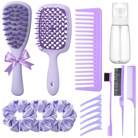 16 Pcs Purple Hair Brush Set for Women Girls - Scalp Scrubber with Handle, Detangle Hair Brush, Spray Bottle, Edge Bristles Wide Tooth Brushes Rat Tail Comb for Travel Home Use
