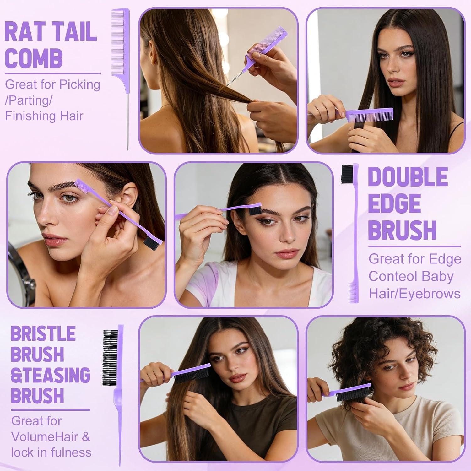 16 Pcs Purple Hair Brush Set for Women Girls - Scalp Scrubber with Handle, Detangle Hair Brush, Spray Bottle, Edge Bristles Wide Tooth Brushes Rat Tail Comb for Travel Home Use