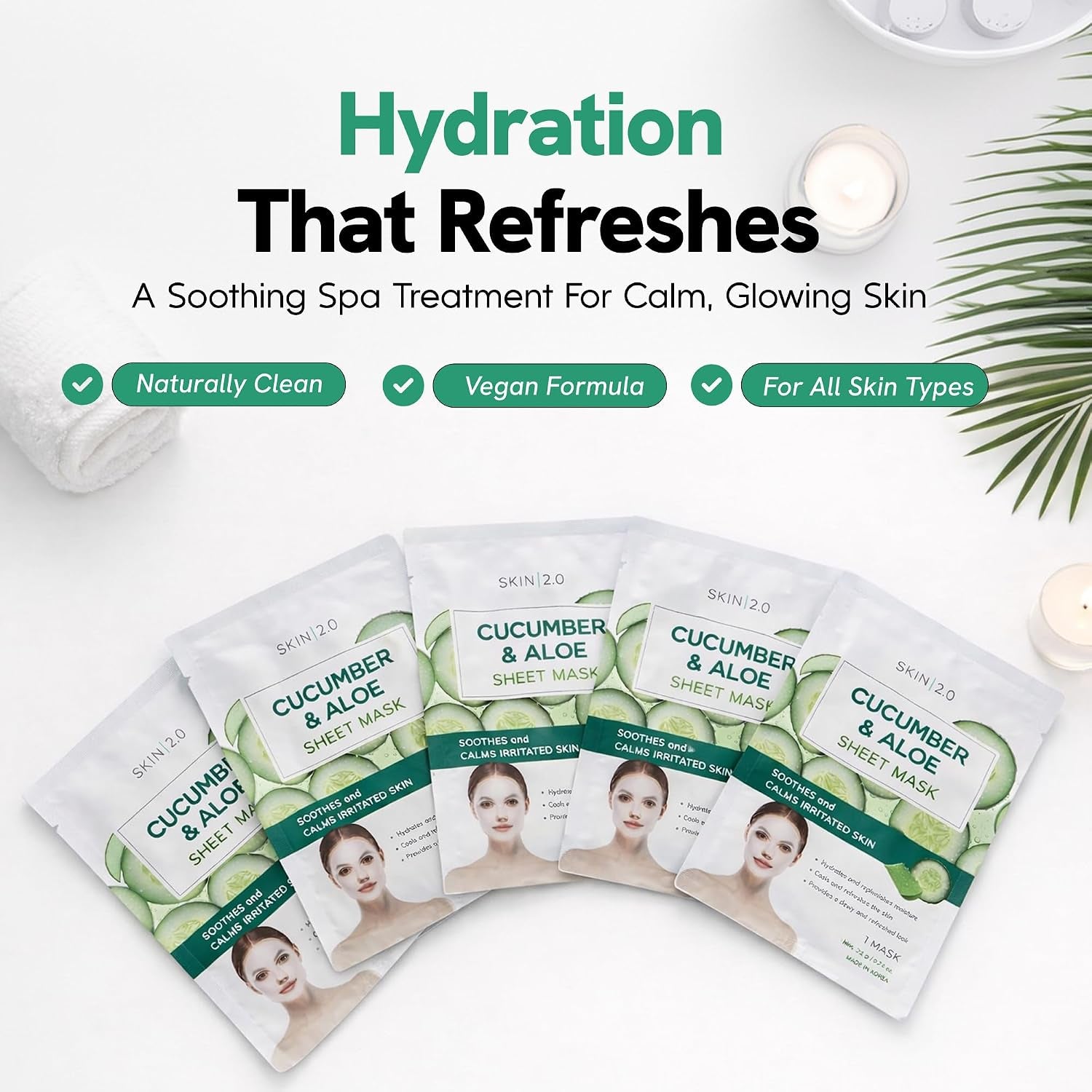 Cucumber & Aloe Face Mask – Dermatologist Tested, anti Aging, Korean Skin Care – Hydrating, Moisturizing, Cooling & Calming for Sensitive, Supple Skin – Vegan, Clean Beauty – 5 Count