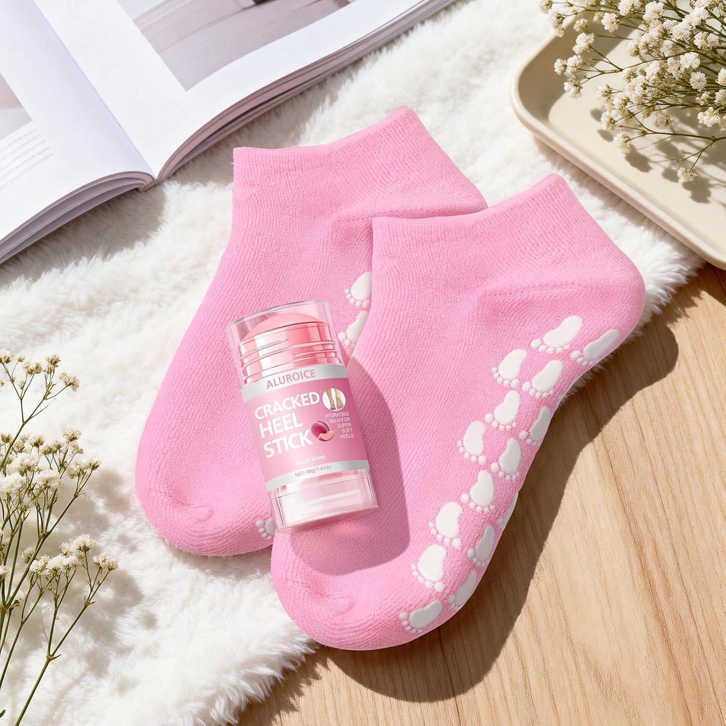 Silicone Moisturizing Socks with Urea Foot Cream for Dry Cracked Feet Women | 2 in 1 Gel Socks & Foot Cream for Dry Feet, Foot Care Moisturizing Socks with Vitamin E, Olive, Jojoba, Rose Oil (Pink)