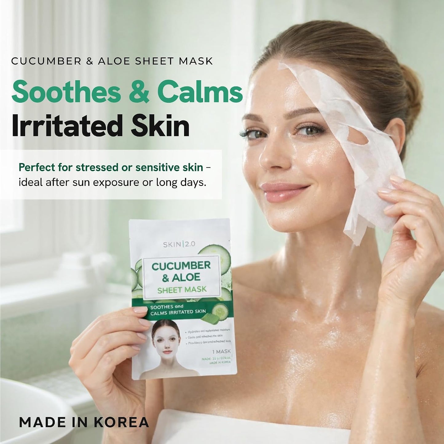 Cucumber & Aloe Face Mask – Dermatologist Tested, anti Aging, Korean Skin Care – Hydrating, Moisturizing, Cooling & Calming for Sensitive, Supple Skin – Vegan, Clean Beauty – 5 Count