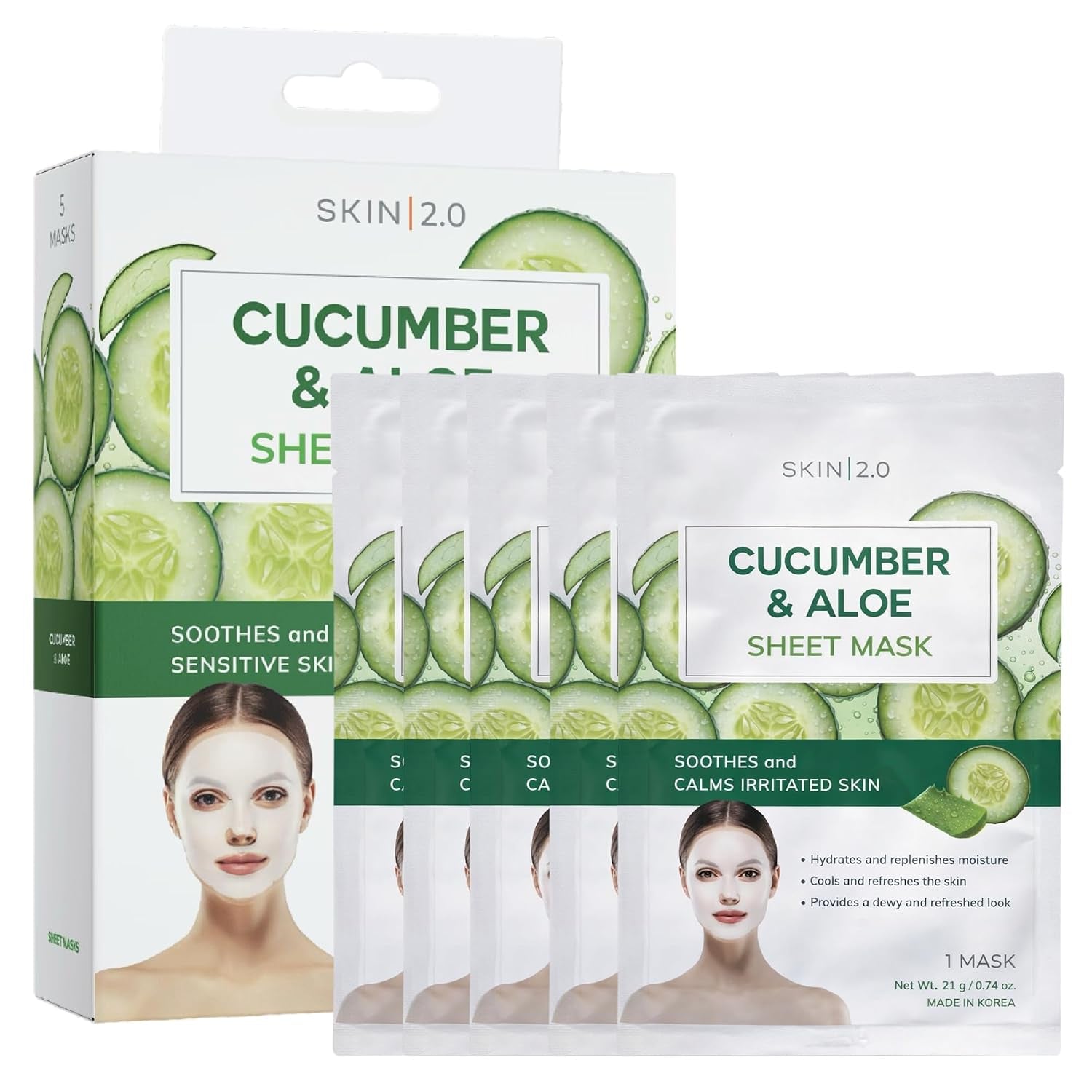 Cucumber & Aloe Face Mask – Dermatologist Tested, anti Aging, Korean Skin Care – Hydrating, Moisturizing, Cooling & Calming for Sensitive, Supple Skin – Vegan, Clean Beauty – 5 Count