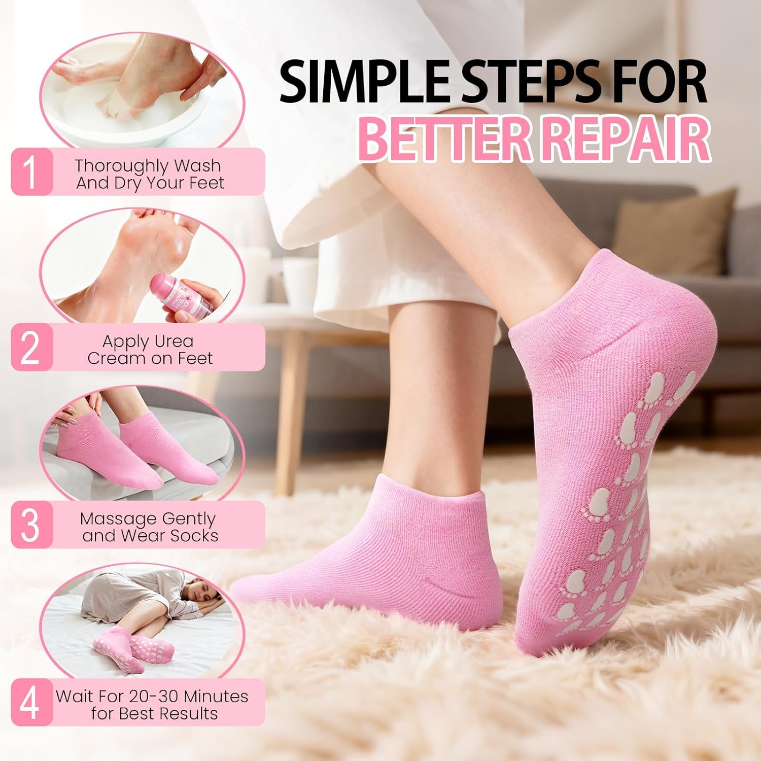 Silicone Moisturizing Socks with Urea Foot Cream for Dry Cracked Feet Women | 2 in 1 Gel Socks & Foot Cream for Dry Feet, Foot Care Moisturizing Socks with Vitamin E, Olive, Jojoba, Rose Oil (Pink)