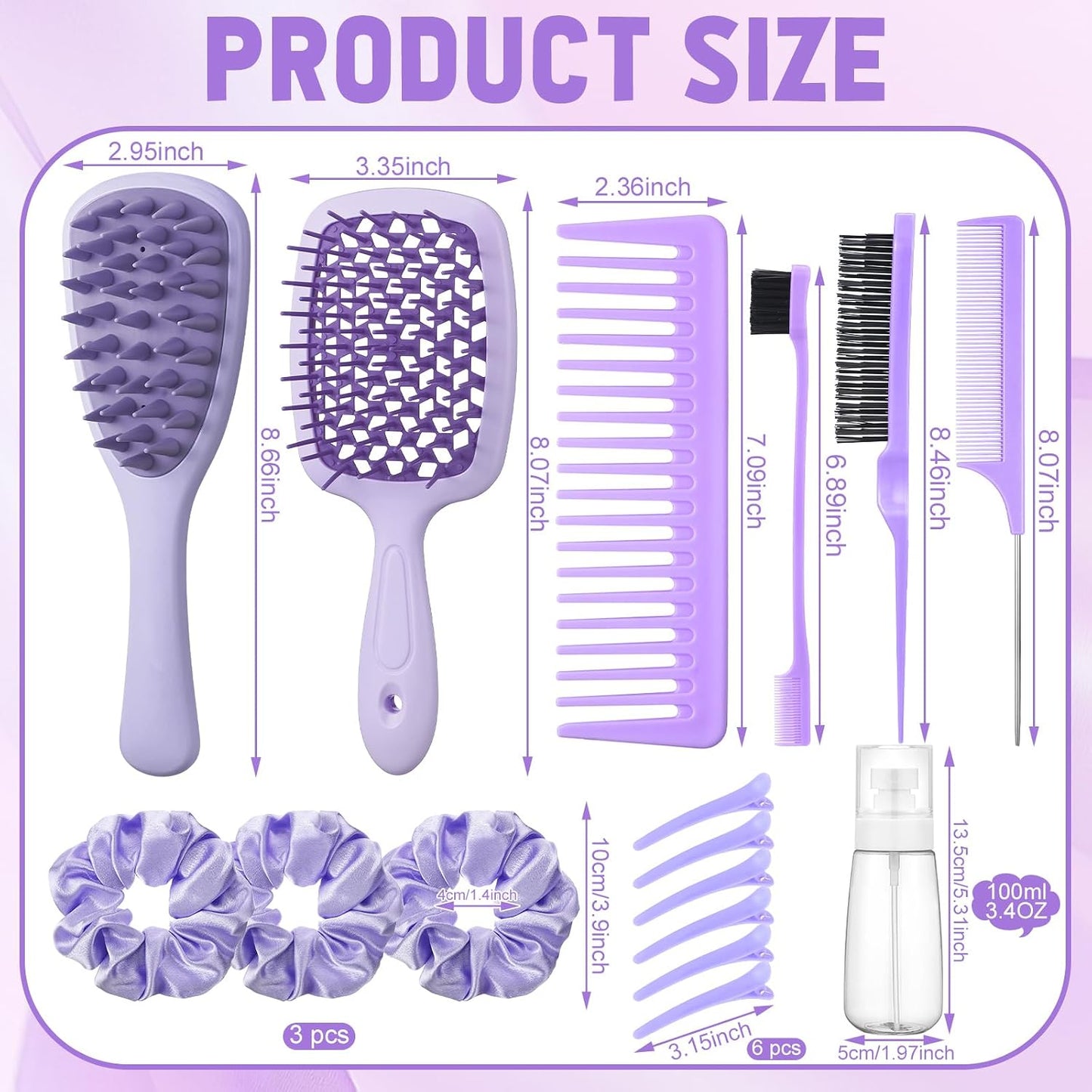 16 Pcs Purple Hair Brush Set for Women Girls - Scalp Scrubber with Handle, Detangle Hair Brush, Spray Bottle, Edge Bristles Wide Tooth Brushes Rat Tail Comb for Travel Home Use