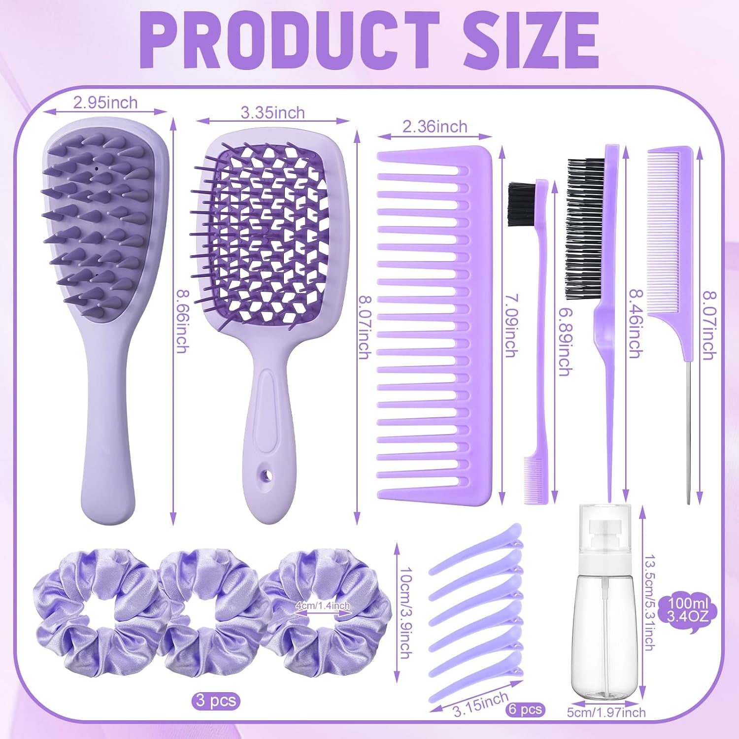 16 Pcs Purple Hair Brush Set for Women Girls - Scalp Scrubber with Handle, Detangle Hair Brush, Spray Bottle, Edge Bristles Wide Tooth Brushes Rat Tail Comb for Travel Home Use