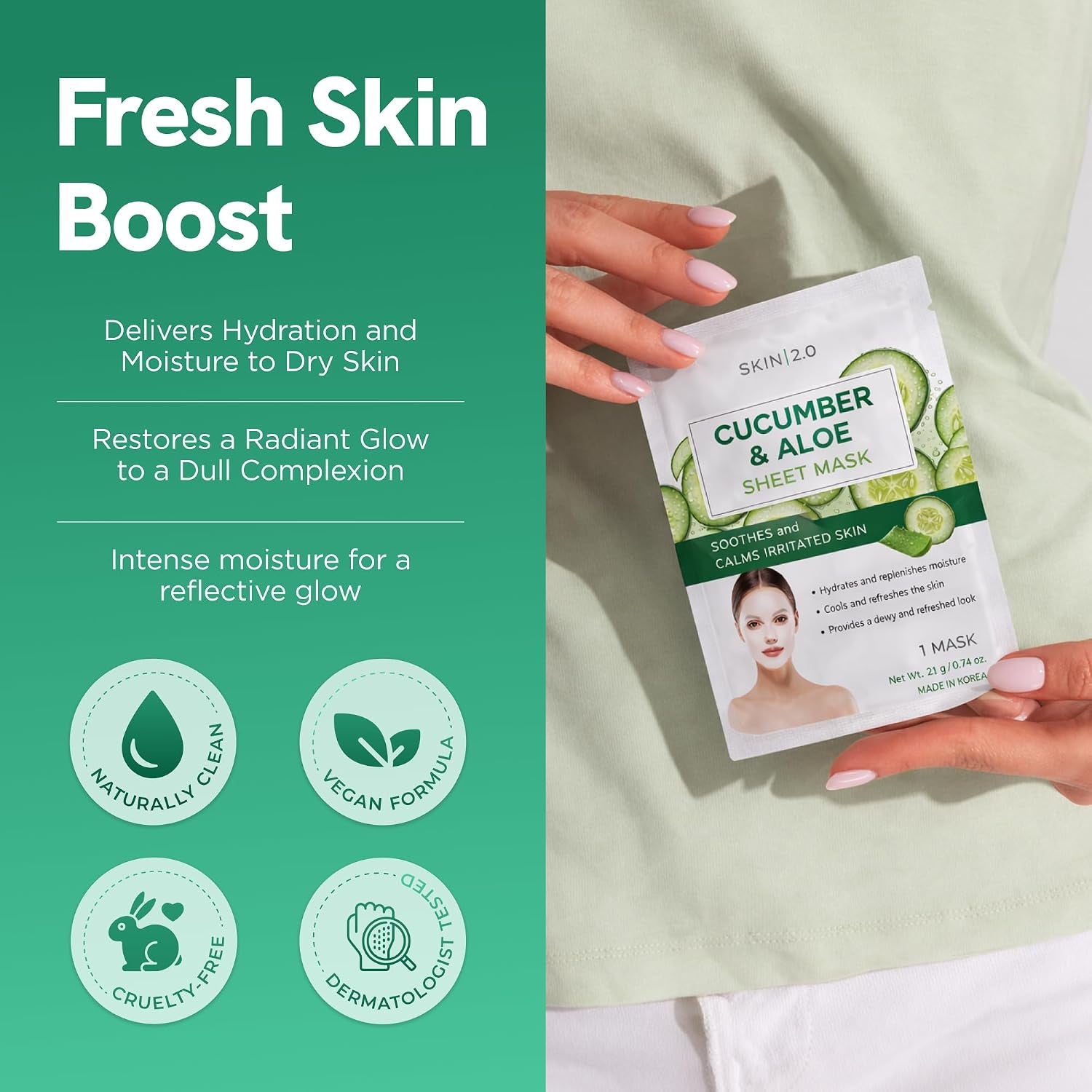 Cucumber & Aloe Face Mask – Dermatologist Tested, anti Aging, Korean Skin Care – Hydrating, Moisturizing, Cooling & Calming for Sensitive, Supple Skin – Vegan, Clean Beauty – 5 Count