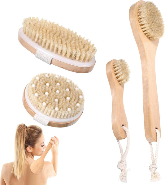 4 Pcs Dry Brushing Body Brush, Pore Cleaning Brush Set Long Handle Back Scrubber for Shower, Soft Dry Brush for Body Face, Bath Brushing Exfoliating Brushes